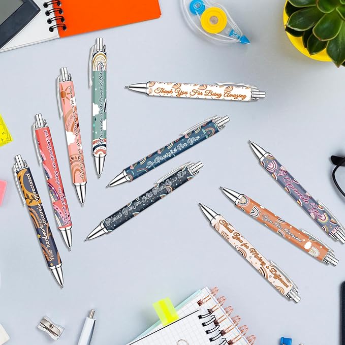 Idealmuzik Employee Appreciation Ballpoint Pens, 10 Pack – Bohemian Rainbow Inspirational Pens with Encouraging Quotes – Smooth Writing Pens for Office, Team Gifts, Staff Recognition, and Daily Use