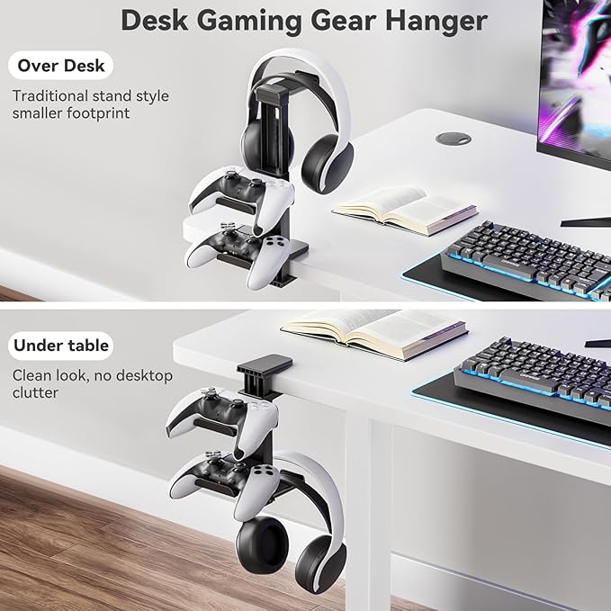 Headphone Stand & Under Desk Controller Holder with Adjustable Clamp, Controller Stand & Headset hanger for Desk Mount with 360° Rotating Hook & Cable Organizer 3-in-1 Game Organizer, PC Game Headsets