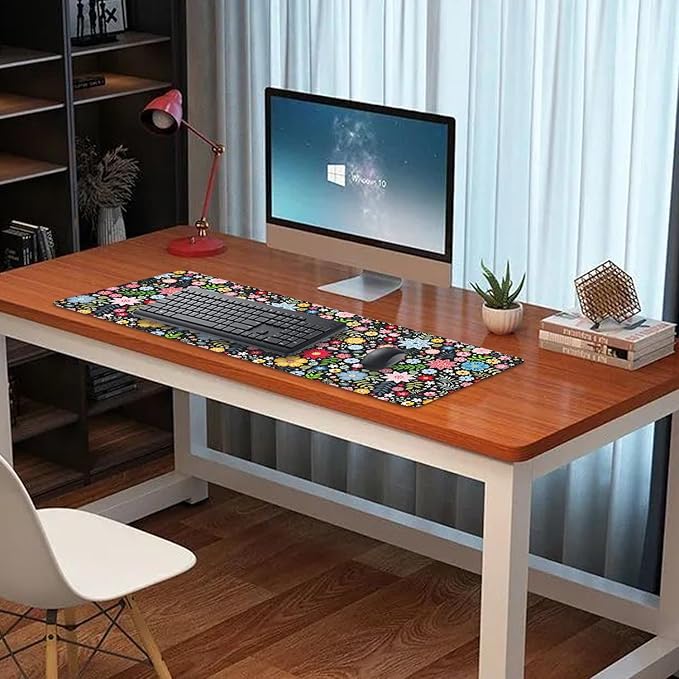 Colorful Flowers Desk Pad Mouse Pad,Large XL Floral Mouse Mat with Stitched Edges,Non-Slip Rubber Base Mousepad for Office PC Keyboard Laptop and Home Work Desk Mat(31.5X11.8 in)