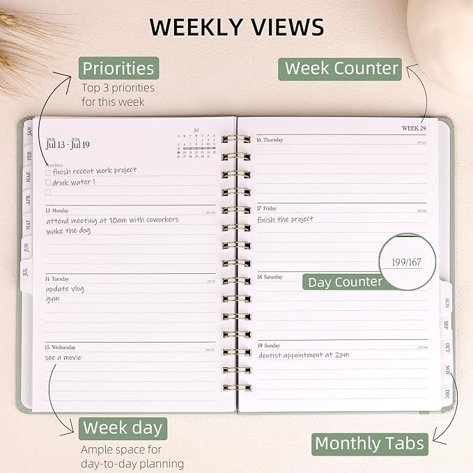 2026 Planner - Weekly and Monthly Planner, January 2026 - December 2026, Hardcover, 2026 Calendar Planner Book with Tabs, Aesthetic, Perfect for Office Home School Supplies (Sage Green, A5 (Jan 2026-Dec 2026))