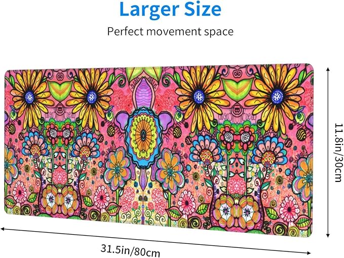 Hippie Flowers Large Mouse Pad with Stitched Edges Long Non-Slip Rubber Base Mousepad Laptop Keyboard Mat Desk Pad for Office Home Desk Decor, 31.5" X 11.8"