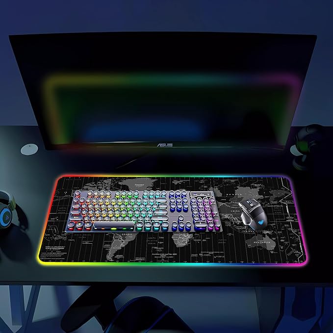RGB Gaming Mouse Pad, Large Mousepad with Led Light, Gaming Accessories Keyboard Pad for Desk, Non-Slip Rubber Base Big Mouse Mat for Gamer, 31.5 X 11.8 Inch, Black World Map