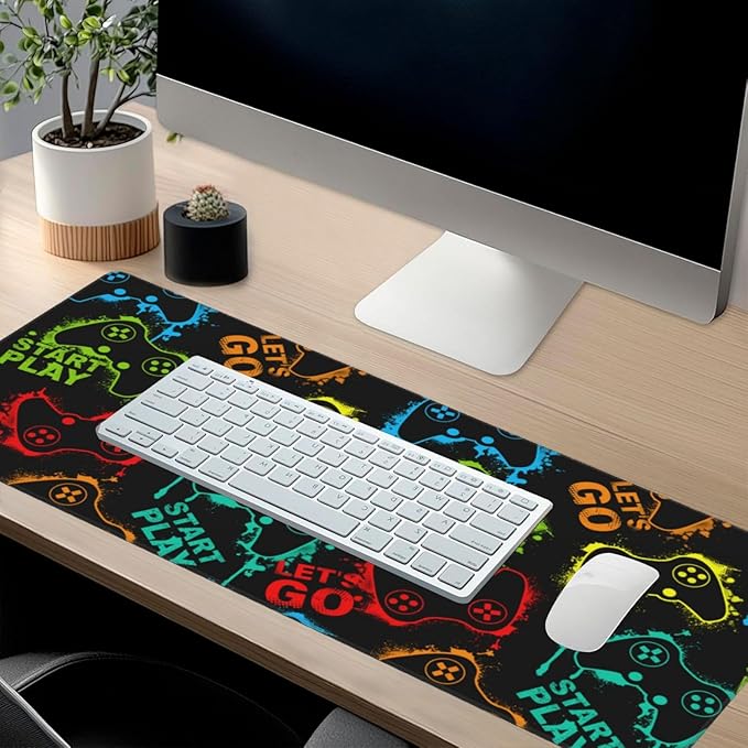 Colorful Silhouettes Game Joysticks Mouse Pads XXL Extended Mousepad with Stitched Edges Non-Slip Rubber Base Computer Keyboard Pad Desk Mat for Home Office Desk Decor, 35.4" X 15.7"