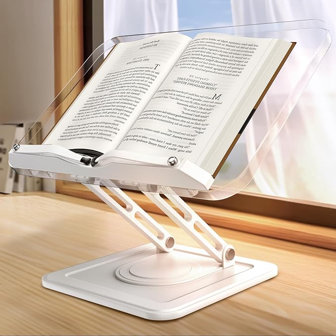 Book Stand for Reading, Adjustable Book Holder with 360°Rotating Bases, Ergonomic Cookbook Stand Recipe Book Holder with Elastic Page Clips for Magazines, Tablets, Laptops,Acrylic White