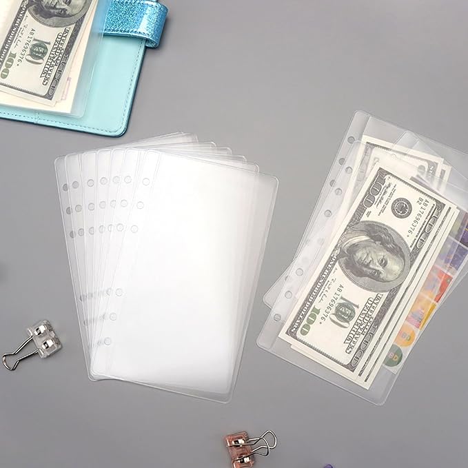 NatSumeBasics 24 A6 Binder Pockets, Cash Envelopes, 3.5" x 6.5" Frost Sleeves Sheet Protector, 6 Rings Binder Sleeve for Organizer, Photos Cards Bills (A6)