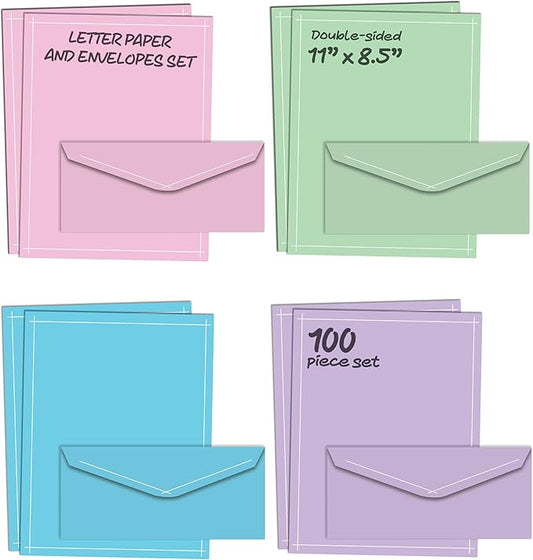 Better Office Products Assorted Solid Color Stationery Paper Set, 100 Piece Set (50 Sheets + 50 Matching Envelopes), Letter Size 8.5 x 11 inch, 4 Colors/Designs, Double Sided Printing Paper
