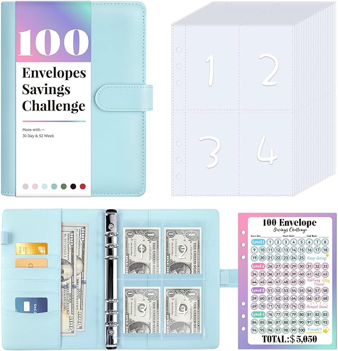 Sooez 100 Envelopes Money Saving Challenge, Savings Challenges Book with Envelopes, Flexible Saving $5050, $2600, $300, Savings Binder with 100 Pocket Pre-Number & Reusable Laminated Tracker