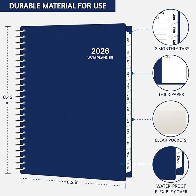 2026 Planner, Weekly ＆ Monthly Planner 2026, Jan 2026 – Dec 2026, 6.2" x 8.42", Flexible Cover, 12 Monthly Tabs, Thick Paper, Spiral Wirebound, Inner Pocket, A5, Blue
