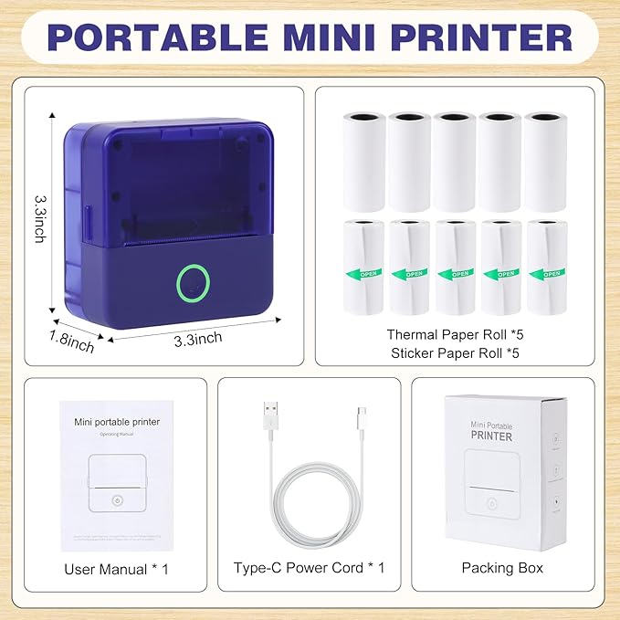 cudinham Print Pods Mini Printer, Sticker Printer with 10 Rolls Thermal Printing Paper, Inkless Pocket Printpod for Phone, Impresora Portátil for Notes, DIY, Compatible with iOS & Android (Purple)
