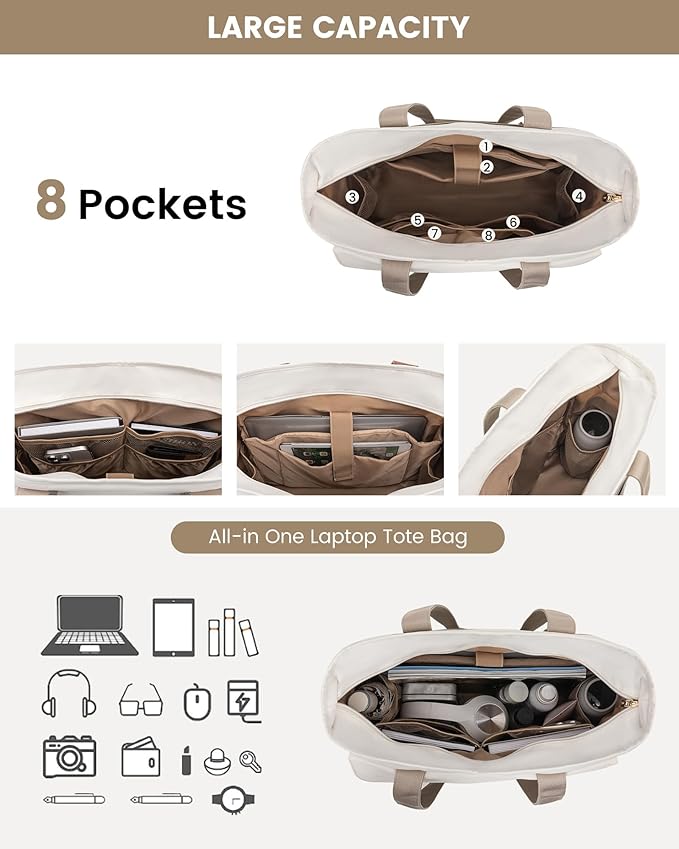 LOVEVOOK Upgrade Version Work Bags for Women 15.6 Inch Laptop Bag Large Capacity Mutiple Pockets Teacher Bag Water Resistant Canvas Tote Bag Purse for Office Travel College Nurse Teacher, Khaki Beige