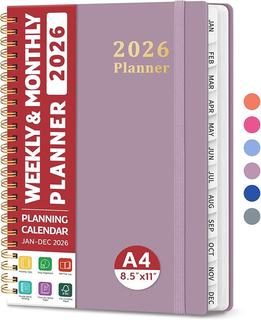2026 Planner, Weekly and Monthly Calendar Planner, January 2026 - December 2026, Hardcover 2026 Calendar Book with Tabs For Women & Men, Inner Pocket, Spiral Bound, Perfect for Office Home School Supplies - A4 (8.5" x 11"), Boho Purple