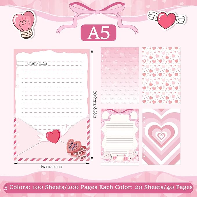 100 Sheets Pink Love Heart A5 Planner Inserts - 120GSM Thick Refill Paper for A5 6-Ring Binder, Cute Bear Loose Leaf Sheets for Journal Diary Budget Planning