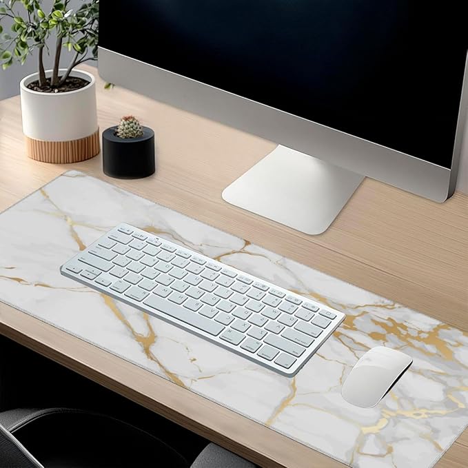 White and Gold Marble Mouse Pads XXL Extended Mousepad with Stitched Edges Non-Slip Rubber Base Computer Keyboard Pad Desk Mat for Home Office Desk Decor, 35.4" X 15.7"
