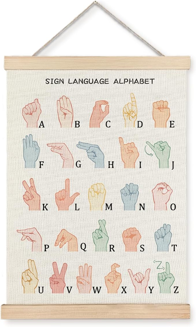 LUVADIAN Asl Alphabet Poster Hanger Frame,Sign Language Poster,Alphabet Posters for Classroom Wall,Sign Language Book for Kids,Toddler Learning Posters for Nursery Kids Room,12x16 Inches
