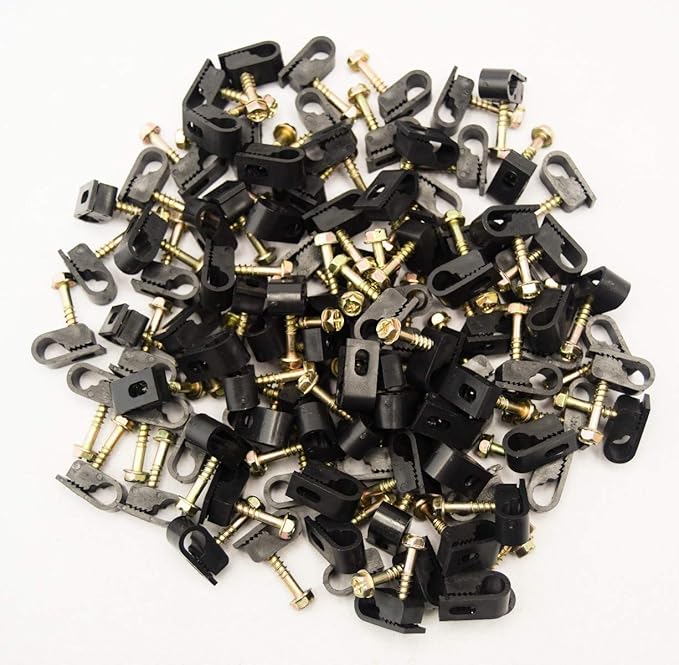(TM) Flex Single Coaxial Cable Clips, Cat6, Electrical Wire Cable Clip, 1/4 in (6 mm) Screw Clip and Fastener, Black (100 Pieces per Bag)