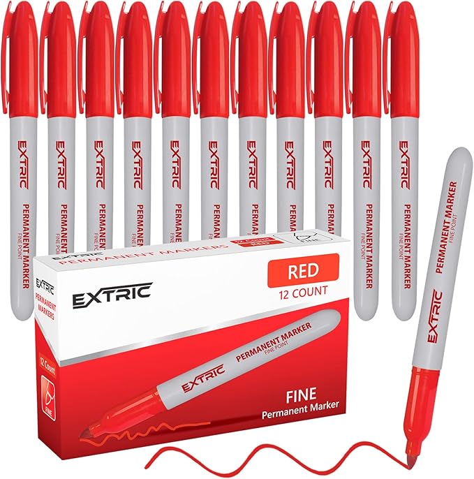 EXTRIC Permanent Markers Red, 12 Count Fine Point Markers, Quick Drying, Works on wood, Paper, Plastic, Metal and Glass, for Home, Office and School use