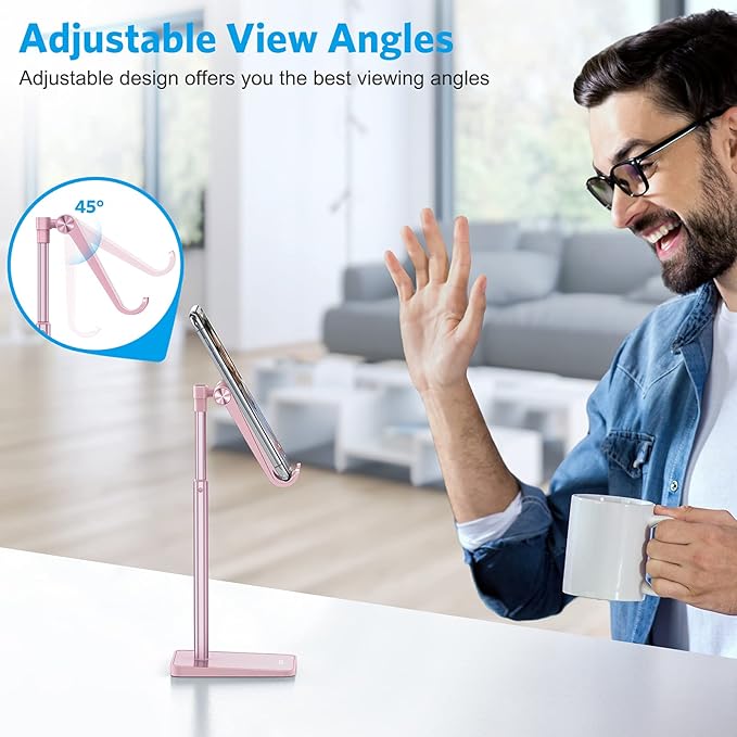 Cell Phone Stand, OMOTON Adjustable Angle Height Desk Phone Dock Holder for iPhone Air/17 Pro Max/XS Max/XR, Samsung Galaxy S20 / S10 / S9 / S8 and Other Phones (3.5-7.0-Inch), Rose Gold