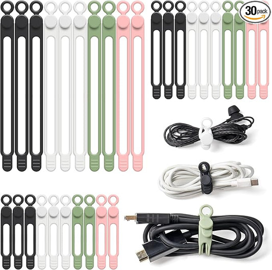 OneLeaf 30Pcs Cord Organizer, Silicone Cable Ties Reusable, Cord Ties for Electronics, Multipurpose Elastic Wire Ties, Travel Essentials for Cable Organizer, Wire Organizers for Fastening Cords