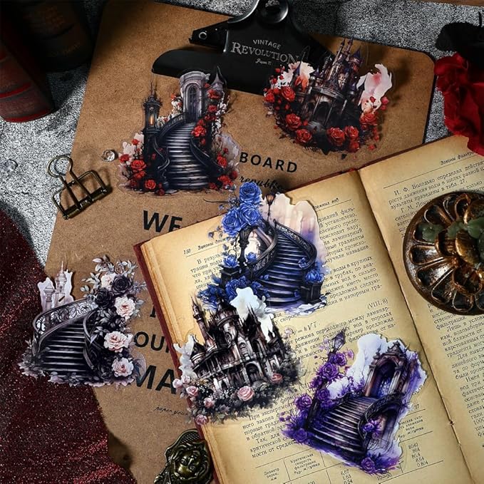 Vintage Dark Aesthetic Goth Scrapbook Supplies Stickers, Waterproof PET Transparent Sticker Stairways with Gothic Flowers Castle Backgrounds for Junk Journaling, Bujo, Planner Decorative
