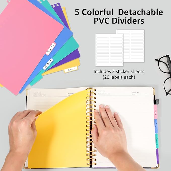 Hardcover Spiral Notebook Journal with Removable PVC Dividers - 8'' x 10'' Large 300 Pages B5 Hardcover Leather Lined Journals Notebook with Tab for Work Note Taking Office Home School Supplies, Black