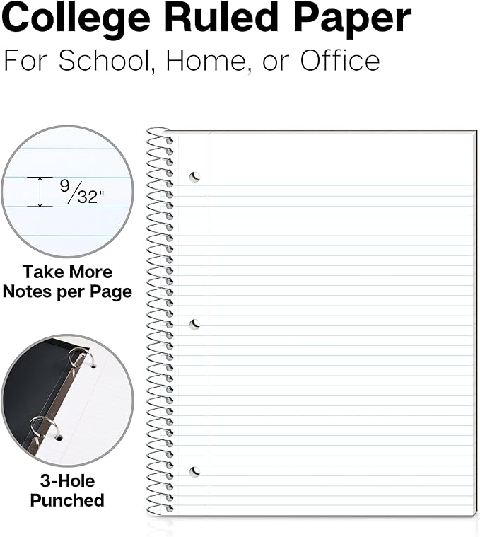 Dunwell College Ruled Spiral Notebook (Black), 1 Subject Notebook 8.5 x 11 for School, Plastic Cover, Pocket Divider, 100 Sheets (200 Pages), 3-Hole Punched Perforated 8 1/2 x 11 Paper