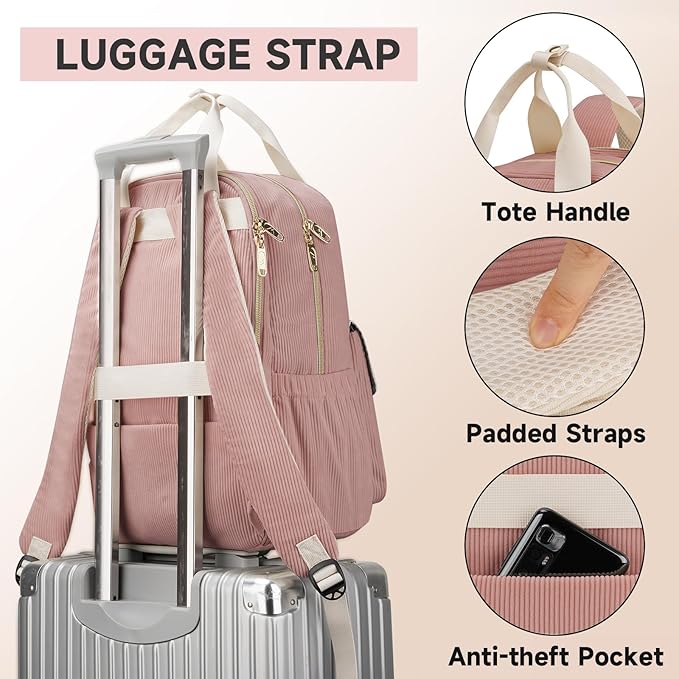 MATEIN Laptop Backpack for Women, Cute Corduroy Computer Backpack with USB Charging Port & Water Bottle Holder, TSA Lightweight Aesthetic Bag Work Business Backpack College Teacher Bags, Pink