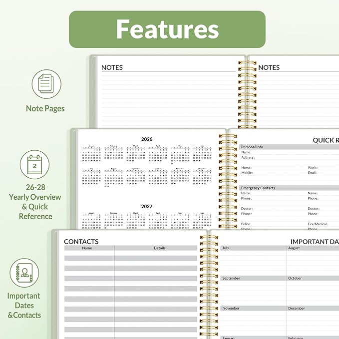 SUNEE 2026 Weekly and Monthly Planner - from January 2026 - December 2026, Daily Agenda Planner with Monthly Tab, Flexible Cover, Note Pages, Pockets, Bookmark, Spiral Binding, Sage Green, 6.4" x 8.3"