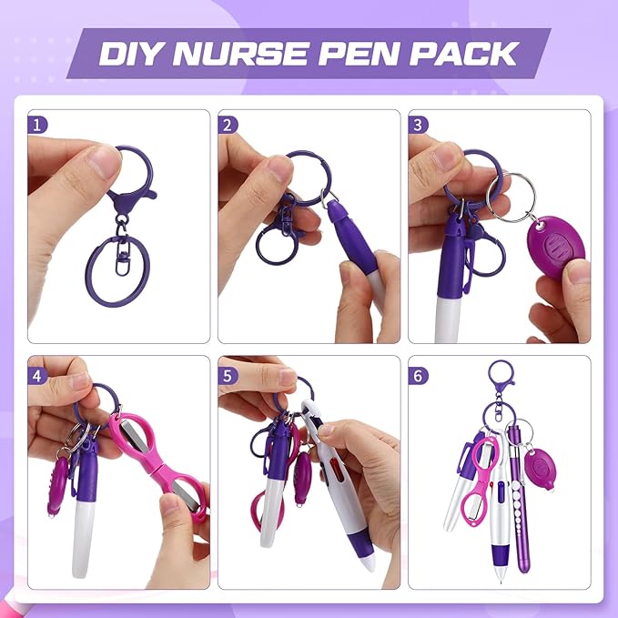 6 Pcs Nurse Pen Set Include Permanent Marker Pen Retractable Ballpoint Pen Keychain Clip Foldable Scissors Lights LED Flashlight Keychain for Nurse Accessories(Purple)