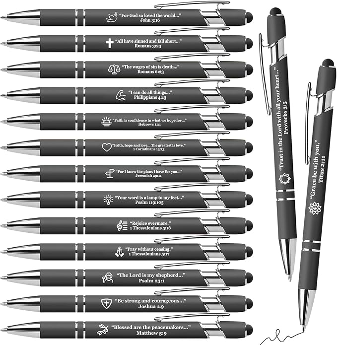 15 Pack Bible Verse Pens, Christian Inspirational Retractable Ballpoint Pens with Religious Scripture Quotes & Symbols, Smooth Writing Black Pens for Church, Gifts for Christians, Grey