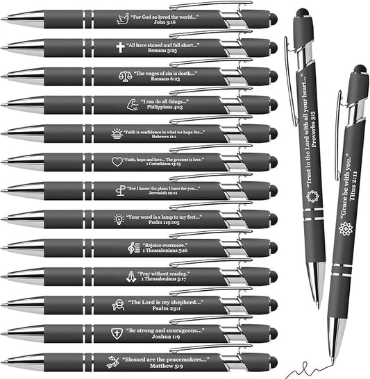 15 Pack Bible Verse Pens, Christian Inspirational Retractable Ballpoint Pens with Religious Scripture Quotes & Symbols, Smooth Writing Black Pens for Church, Gifts for Christians, Grey