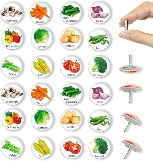 Push Pins for Cork Board -24pcs Decorative Push Pins with Case,Cute Thumb Tacks and Pushpins for Bulletin Board, 12 Colors Vegetables Pushpins