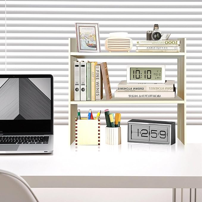 Wood Desk Organizer - Small Desk Shelf, 2 Tier Desktop Bookshelf for Workspace Organizers Dorm, White Desktop Shelf Organizer