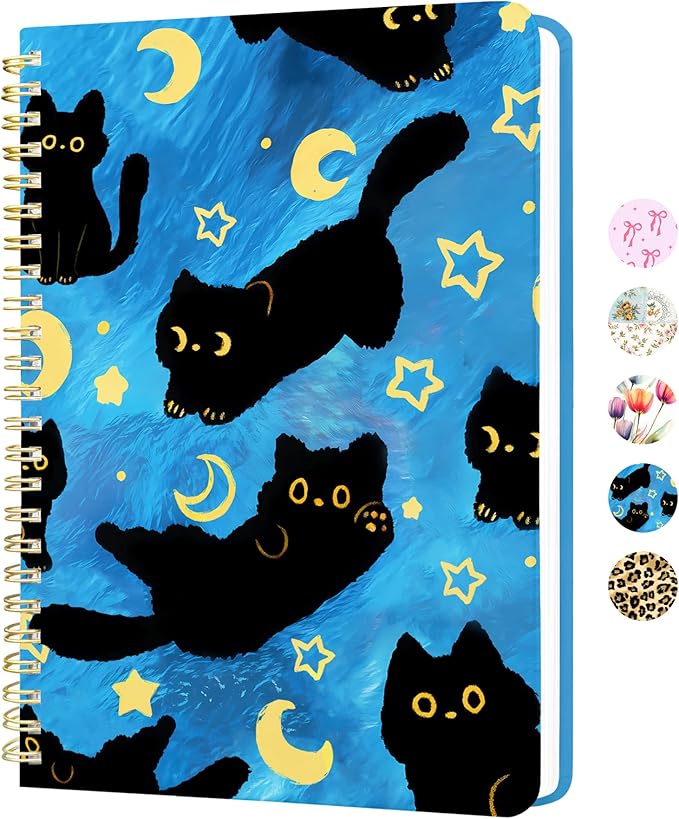 Stanoha Cute Spiral Notebook A5 Journal for Women Girls Kawaii Aesthetic Pretty Floral Design with Pocket, 8.5 x 5.7 inch, Graph, Blue Black Cat