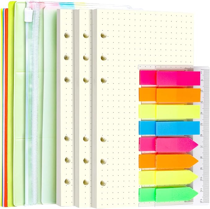 LEOBRO A6 Refill Paper, 3 Pack 45PCS A6 Dotted Loose Leaf Paper, with Page Markers, Label Stickers, Binder Pockets Dividers, 6 Ring Filler Paper Insert Refill for Planner Binder Notebook Journal