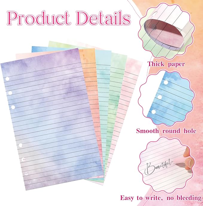 100 Sheets Gradient A5 Refill Papers for Planner Binder Insert, 120GSM Thick Loose Leaf Lined Paper, 6 Hole Notebook Filler Paper for A5 6 Ring Budget Travel Journal Diary Binder, Watercolor