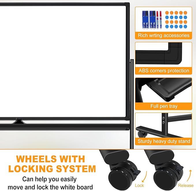 Rolling Whiteboard on Wheels 72"x48", Double-Sided Dry Erase Board with Stand, Big White Board with Stand Portable Magnetic Mobile White Board with 2 Eraser, 6 Markers, 20 Magnets