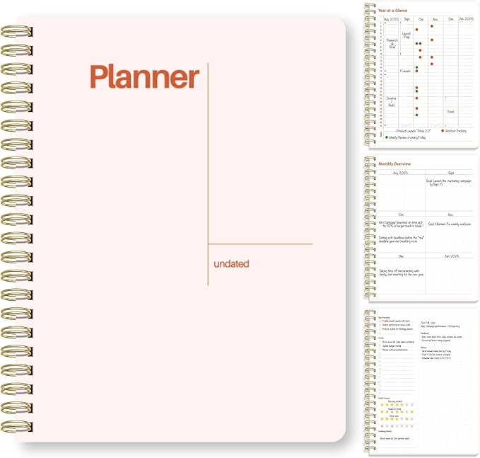 Undated Weekly Planner, 8.5x11” – Dashboard Layout with Yearly Review, Monthly Calendars, & Weekly To Do List, Spiral Bound Organizer for Work, Study & Life (Blush White)