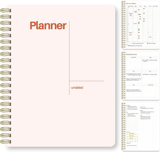 Undated Weekly Planner, 8.5x11” – Dashboard Layout with Yearly Review, Monthly Calendars, & Weekly To Do List, Spiral Bound Organizer for Work, Study & Life (Blush White)