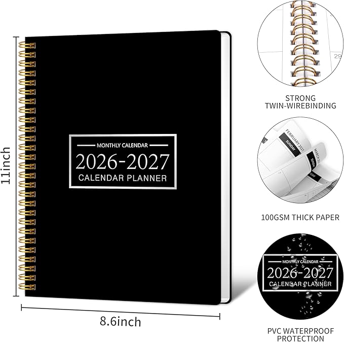 Monthly Planner 2026-2027, 2026 Calendar 24 Months Planner, Jan 2026 - Dec 2027, 8.6" x 11", Academic Calendar Hard PVC Cover with Spiral Bound, Perfect for School & Office for Women & Men