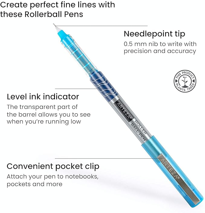 ARTEZA Rollerball Pens Fine Point, Set of 24 Colored Pens with Liquid Ink, Extra Fine 0.5 mm Needle Tip Pen