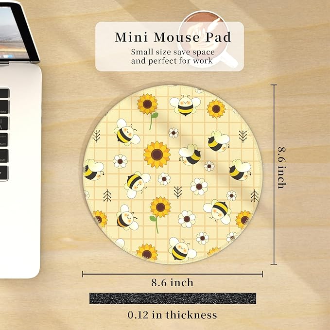 Mouse Pad for Desk, Sunflower Floral Bee Small Cute Mousepad with Non-Slip Base, Round Mouse Pads for Wireless Mouse Laptop Gaming, Computer Mouse Mat for Home Office Travel Desk Accessories