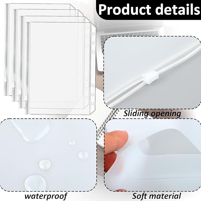 Premium Clear Binder Zipper Folders - 12PCS A5 Size 6 Holes Binder Inserts, Document Filing Bags for 6-Ring Notebook Loose Leaf Bags