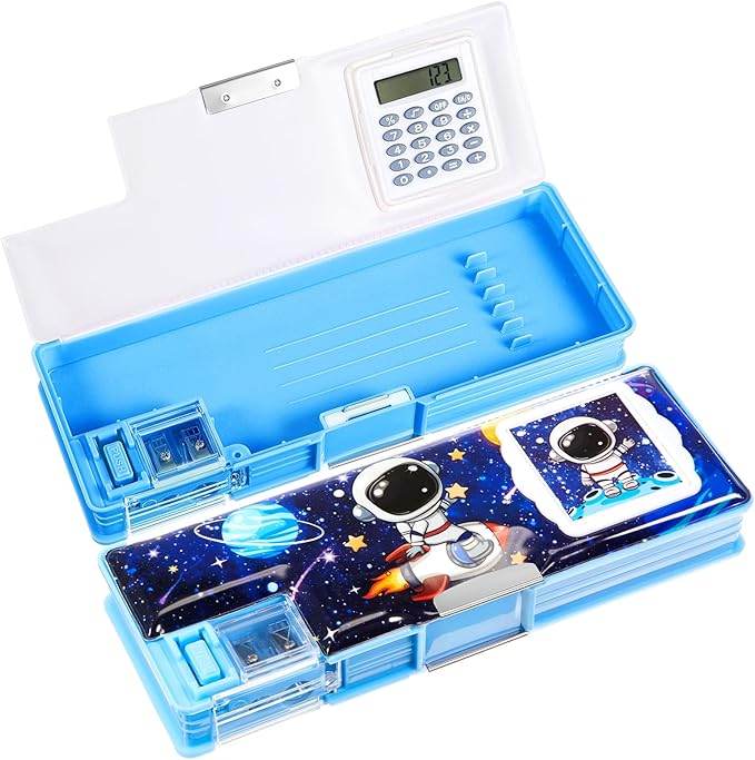 Henoyso Multifunctional Pencil Box for Boys Astronaut Pencil Case with Calculator and Sharpener Cool Cute Pencilcase School Supplies Essentials Christmas Birthday Gift Present for Kids Teens