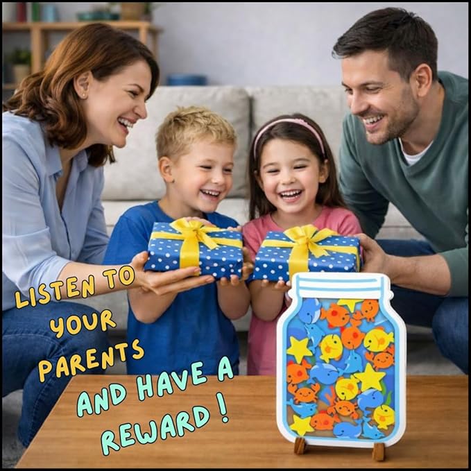 Reward Jar for Kids – Habit Tracker & Positive Behavior System with Reusable Tokens – Visual Chore & Motivation Tool (Fish)
