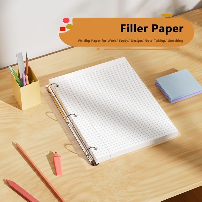 2-Pack White Loose Leaf Paper 260 Sheets Filler Paper 8 * 10.5 College Ruled 3-Hole Punched for 3-Ring Binders Notebook Lined 8" x 10.5"