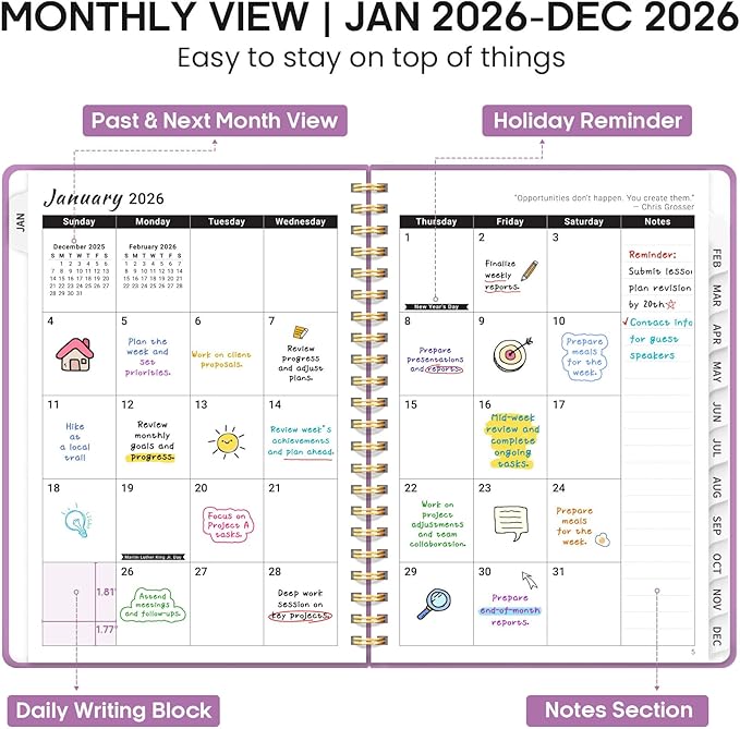 2026 Planner 8.5" x 11", Weekly and Monthly Calendar Planner Book, January 2026 - December 2026, Hardcover Spiral Planner with Monthly Tabs, Notes Pages, Perfect for Women & Men, A4 - Purple