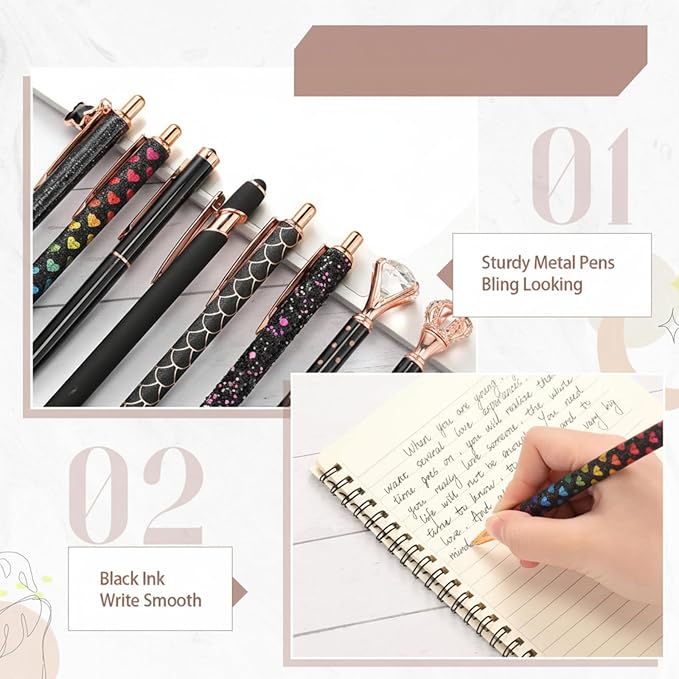 Janmini 9 Pcs Ballpoint Pens Set Metal Crystal Diamond Glitter Pens for Journaling Black Ink Pretty Cute Things Fancy Stationery Gifts for Women Girls Birthday Home Office Desk(Black)