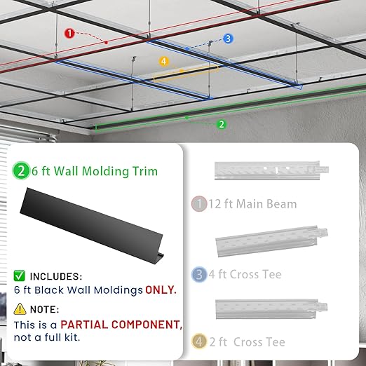 50 PCS 72 Inch Wall Molding Trim Drop Ceiling Grid System 6Ft Galvanized Steel Rust & Fire Resistance Easy Installation Ideal for Basement Living Room Kitchen Bathroom Black