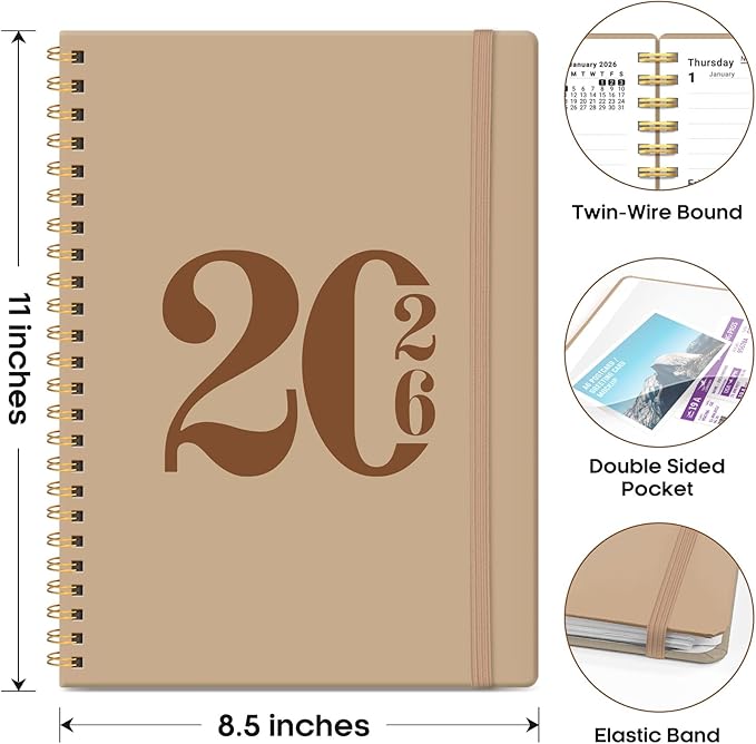 2026 Planner, Weekly and Monthly Calender Planner, Jan 2026 to Dec 2026, Hardcover 2026 Calendar Book with Tabs & Inner Pocket, Office Home School Supplies for Women & Men - A4 (8.5" x 11"), Oat Brown