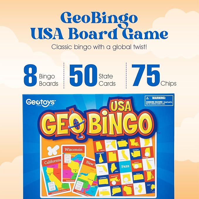 GeoToys GeoBingo, USA Bingo for Kids Ages 4 and Up, Geography Game for Home, School or Camp - Fun Bingo Games for Family, Play and Learn States and Capitals of The USA